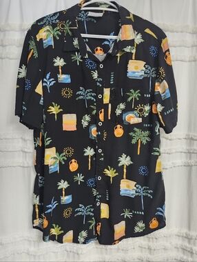 Tropical Print Short Sleeve Button-Up Shirt - Black Base with Multicolor Motifs